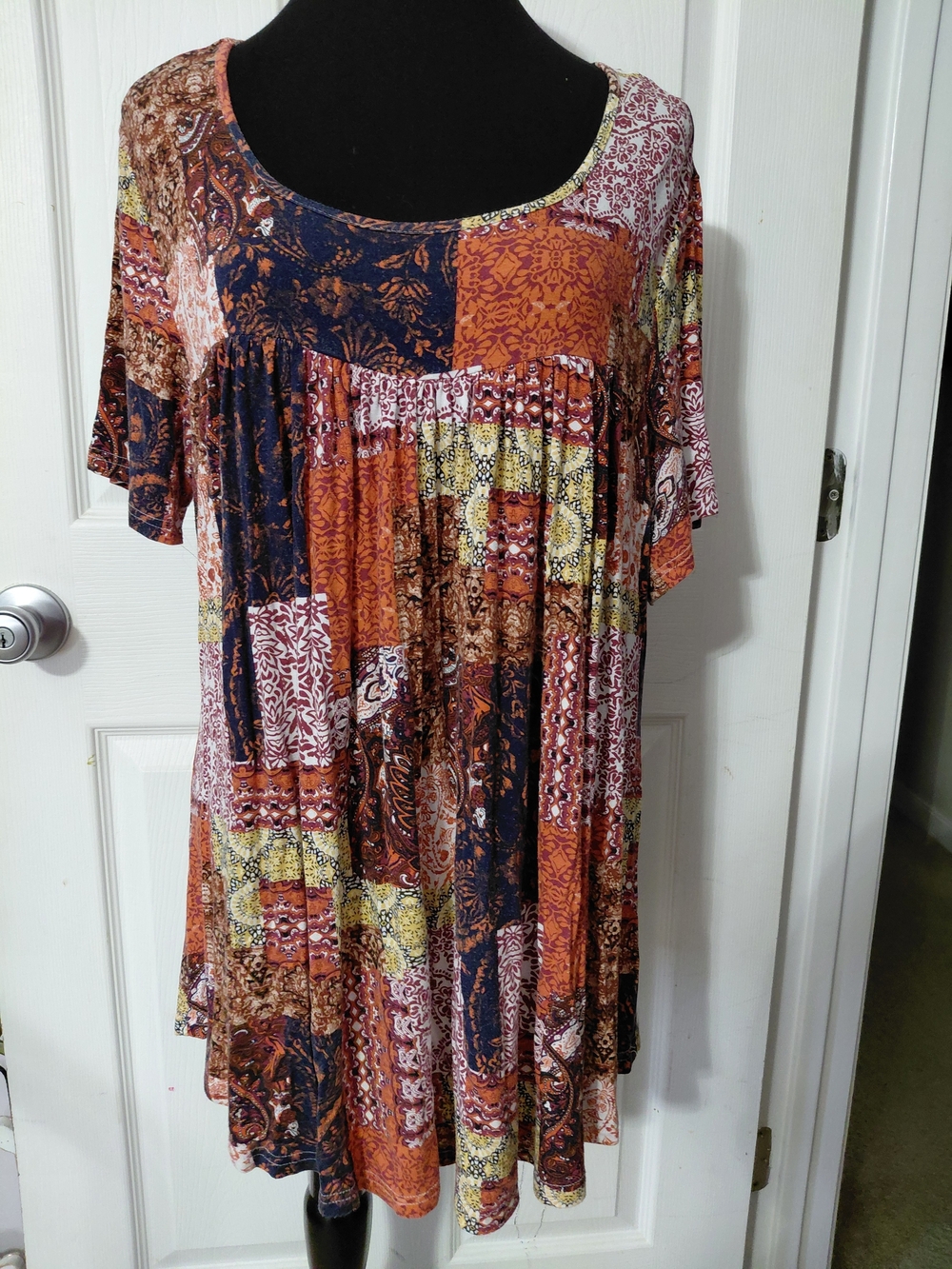 Boho Patchwork Short-Sleeve Blouse in Rust Multi by Longyuan